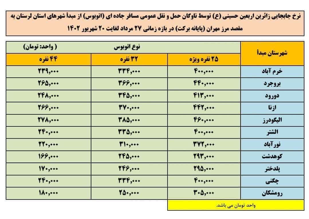 نرخ مصوب بلیط اتوبوس از دلفان تا مهران اعلام شد